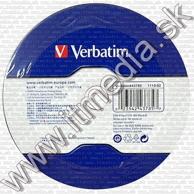 Image of Verbatim DVD-R 16x **15cw** **Taiwan** (43785) (IT8441)